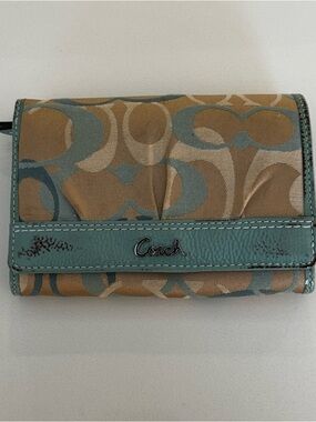 Coach Tan Canvas Wallet with Teal Trim